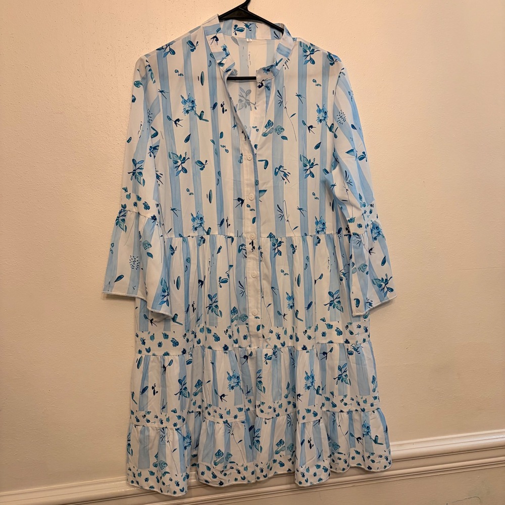 Unbranded Tiered Mini Dress Womens S Blue White Floral Stripe Bell Sleeve GOOD